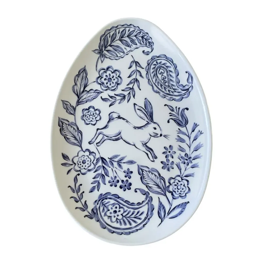 4pc Lillian August Egg Shaped Easter Bunny Melamine Plates 8x6 Blue White New